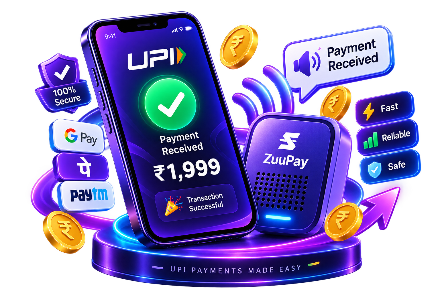 ZuuPay app showing payments received from PhonePe, Google Pay, Paytm and a bank transfer